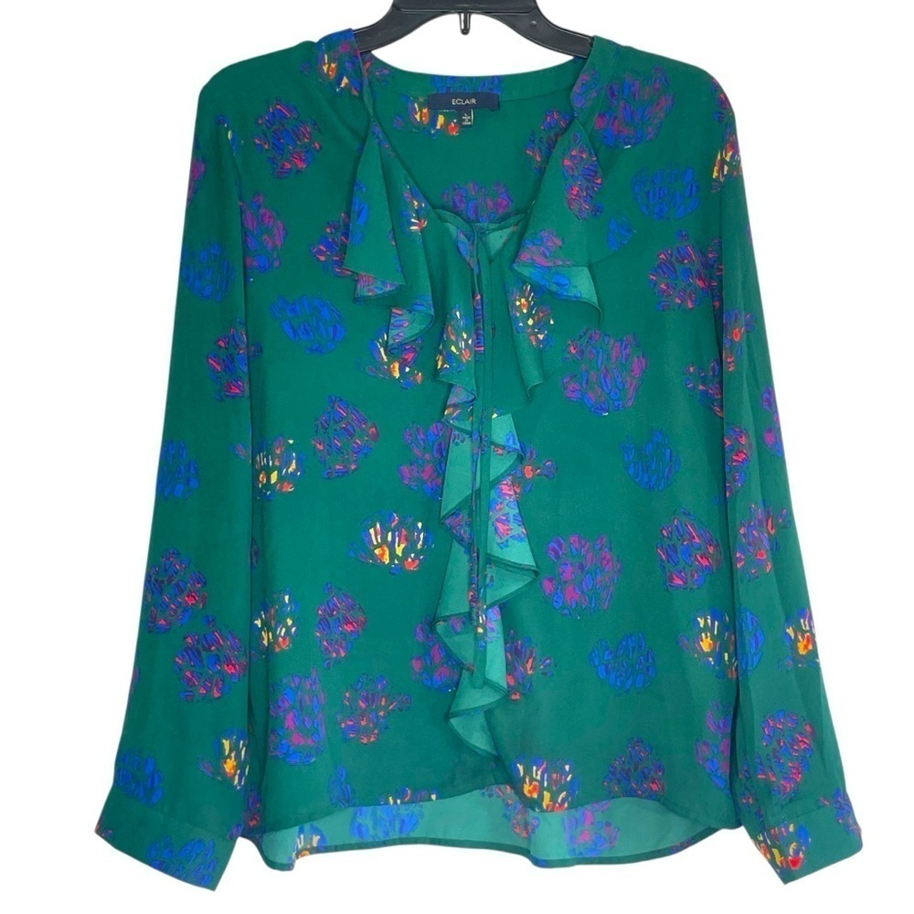Eclair Green Abstract Print Ruffle Front Blouse | Size L - Picture 3 of 10